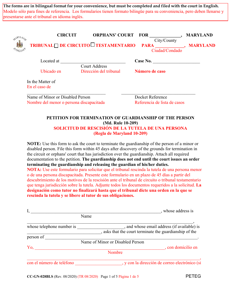 Form CC-GN-028BLS Petition for Termination of Guardianship of the Person - Maryland (English / Spanish), Page 1
