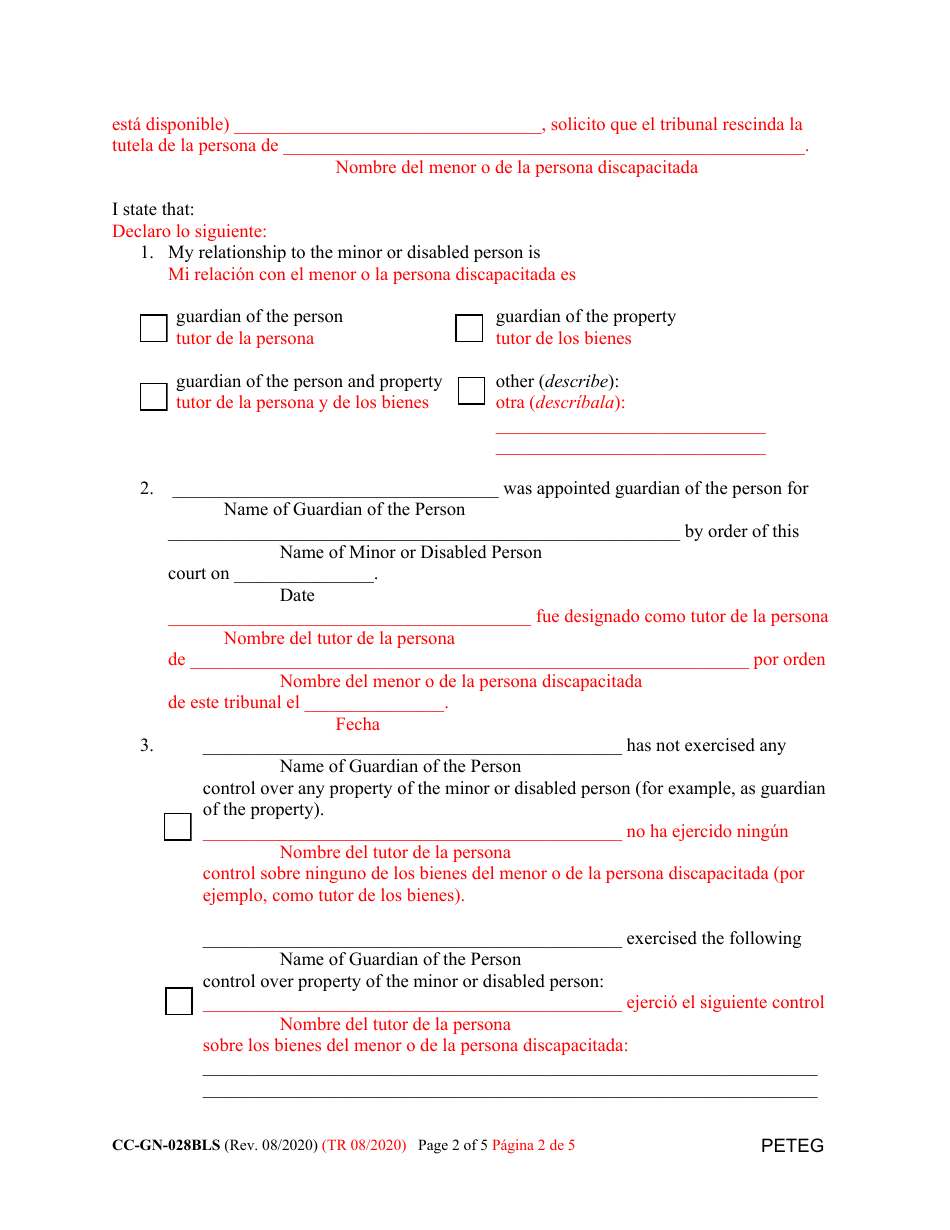 Form CC-GN-028BLS Petition for Termination of Guardianship of the Person - Maryland (English / Spanish), Page 2