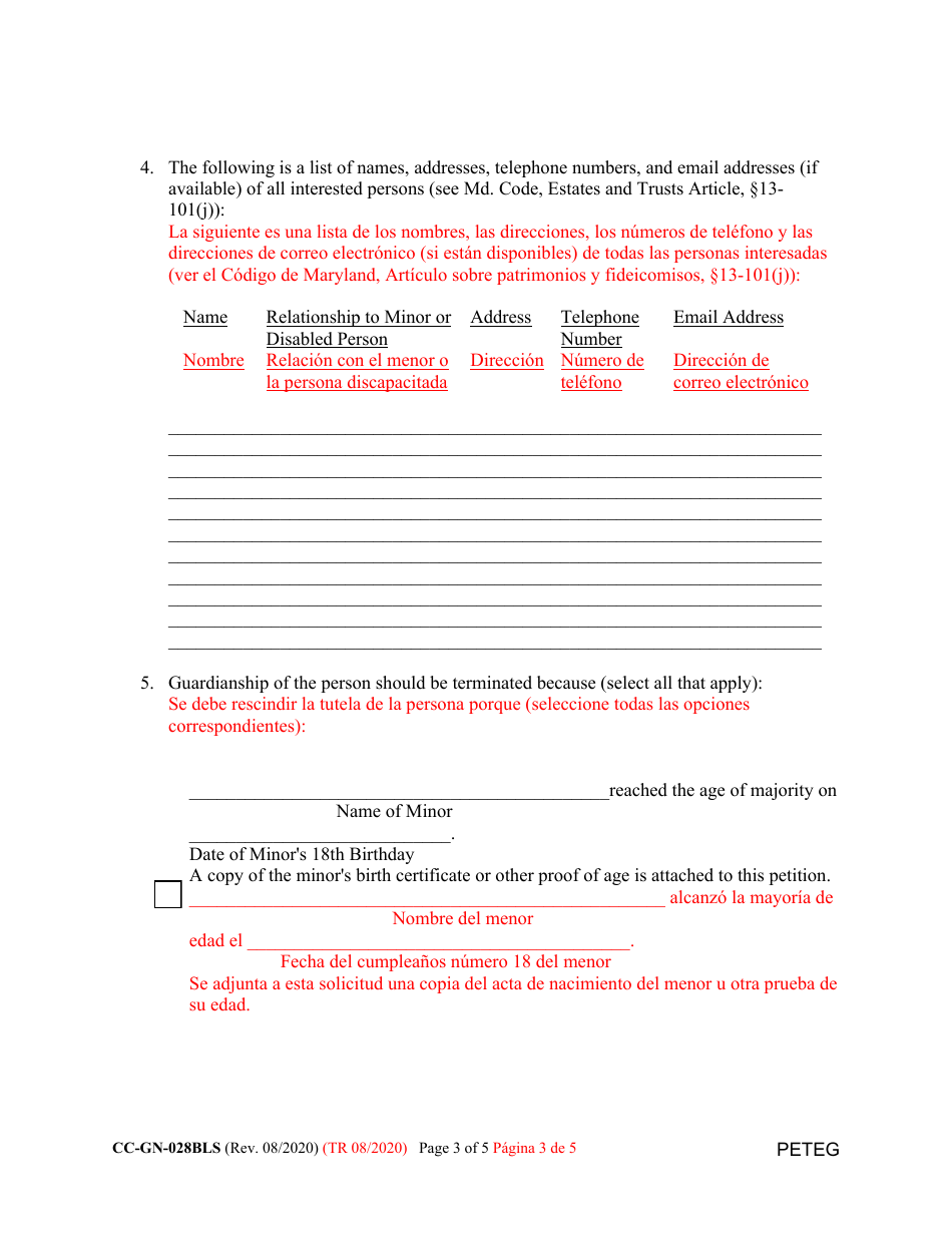 Form CC-GN-028BLS Petition for Termination of Guardianship of the Person - Maryland (English / Spanish), Page 3