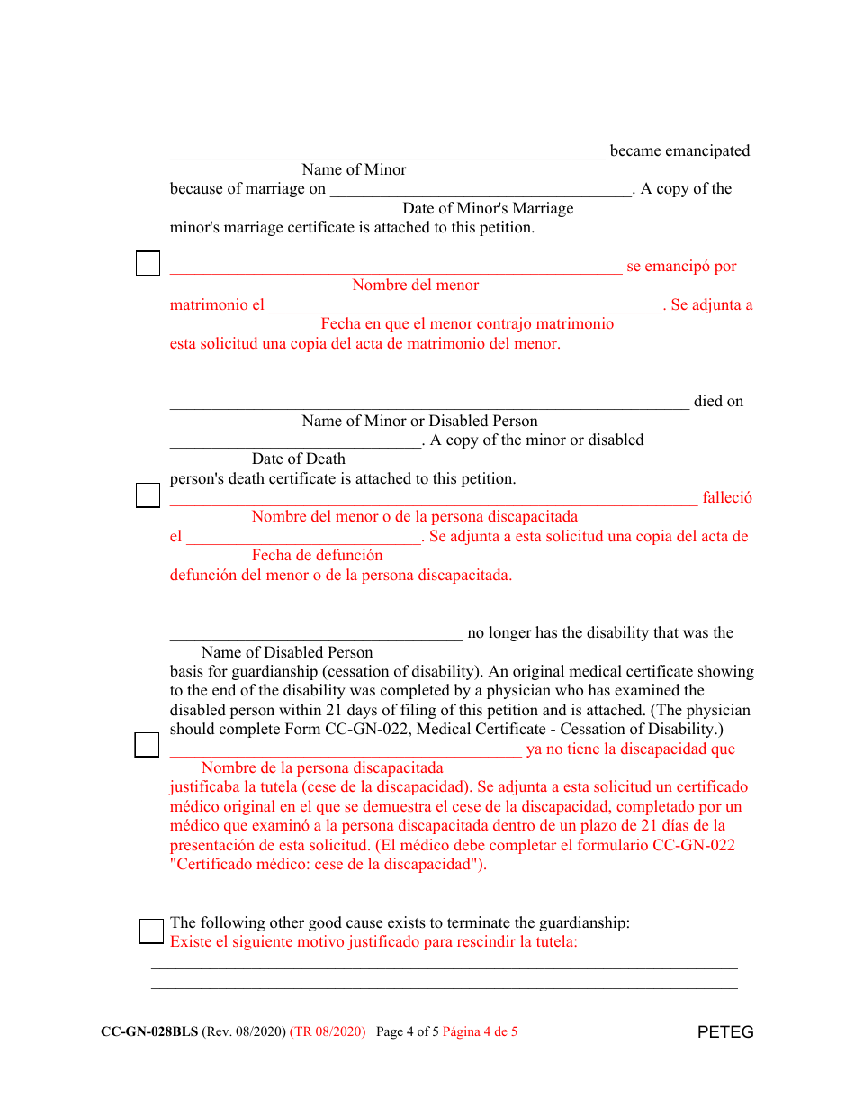 Form CC-GN-028BLS Petition for Termination of Guardianship of the Person - Maryland (English / Spanish), Page 4