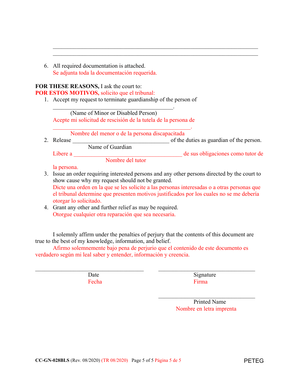 Form CC-GN-028BLS Petition for Termination of Guardianship of the Person - Maryland (English / Spanish), Page 5