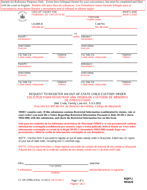 Form CC-DR-079BLS Request to Register an Out-of-State Child Custody Order - Maryland (English/Spanish)