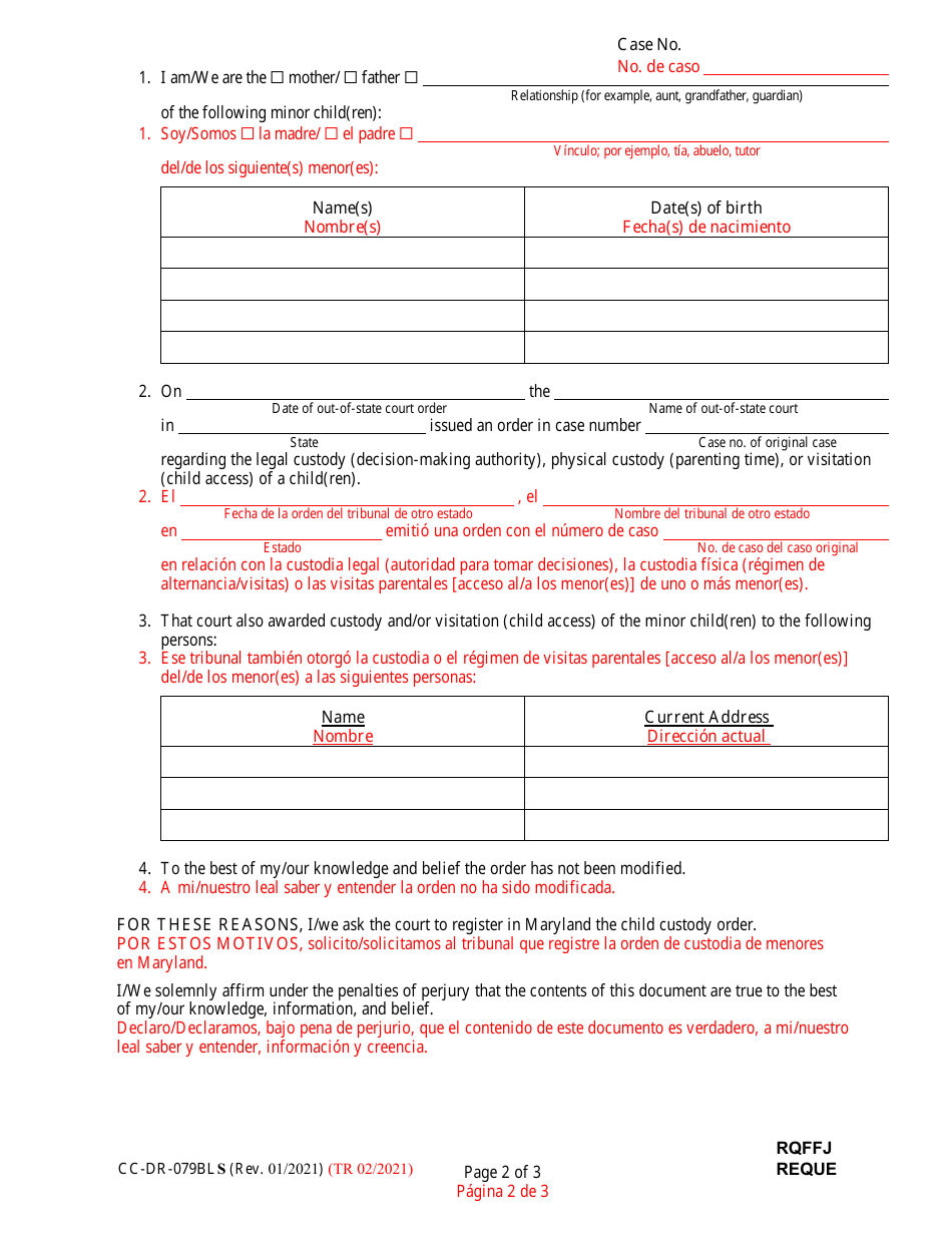 Form CC-DR-079BLS Request to Register an Out-of-State Child Custody Order - Maryland (English / Spanish), Page 2