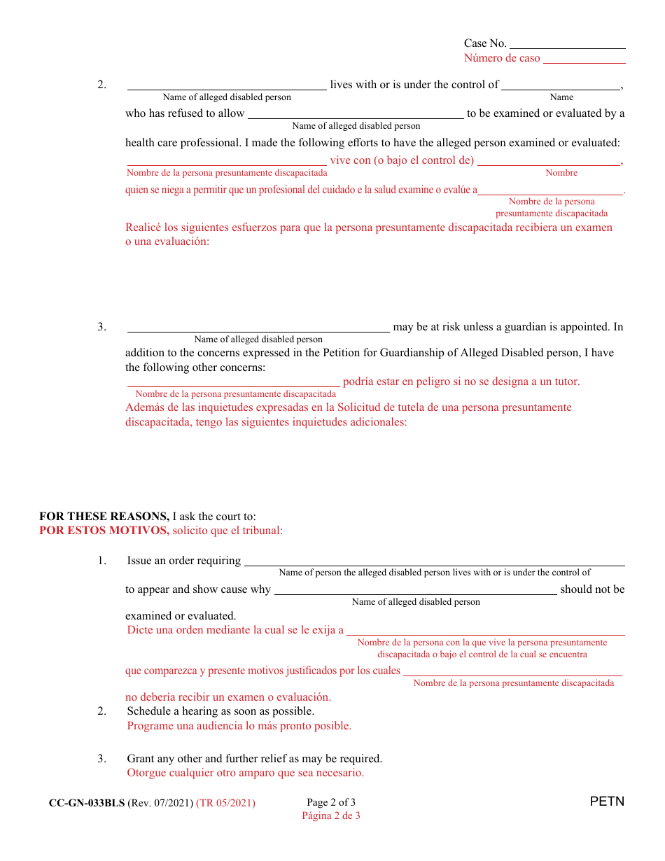 Form CC-GN-033BLS Petition for Appointment of Health Care Professionals - Maryland (English / Spanish), Page 2