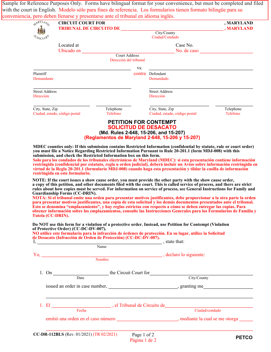 Form CC-DR-112BLS Petition for Contempt - Maryland (English / Spanish), Page 1