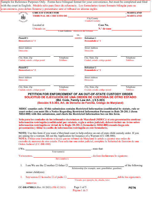 Form CC-DR-078BLS Petition for Enforcement of an Out-of-State Custody Order - Maryland (English/Spanish)
