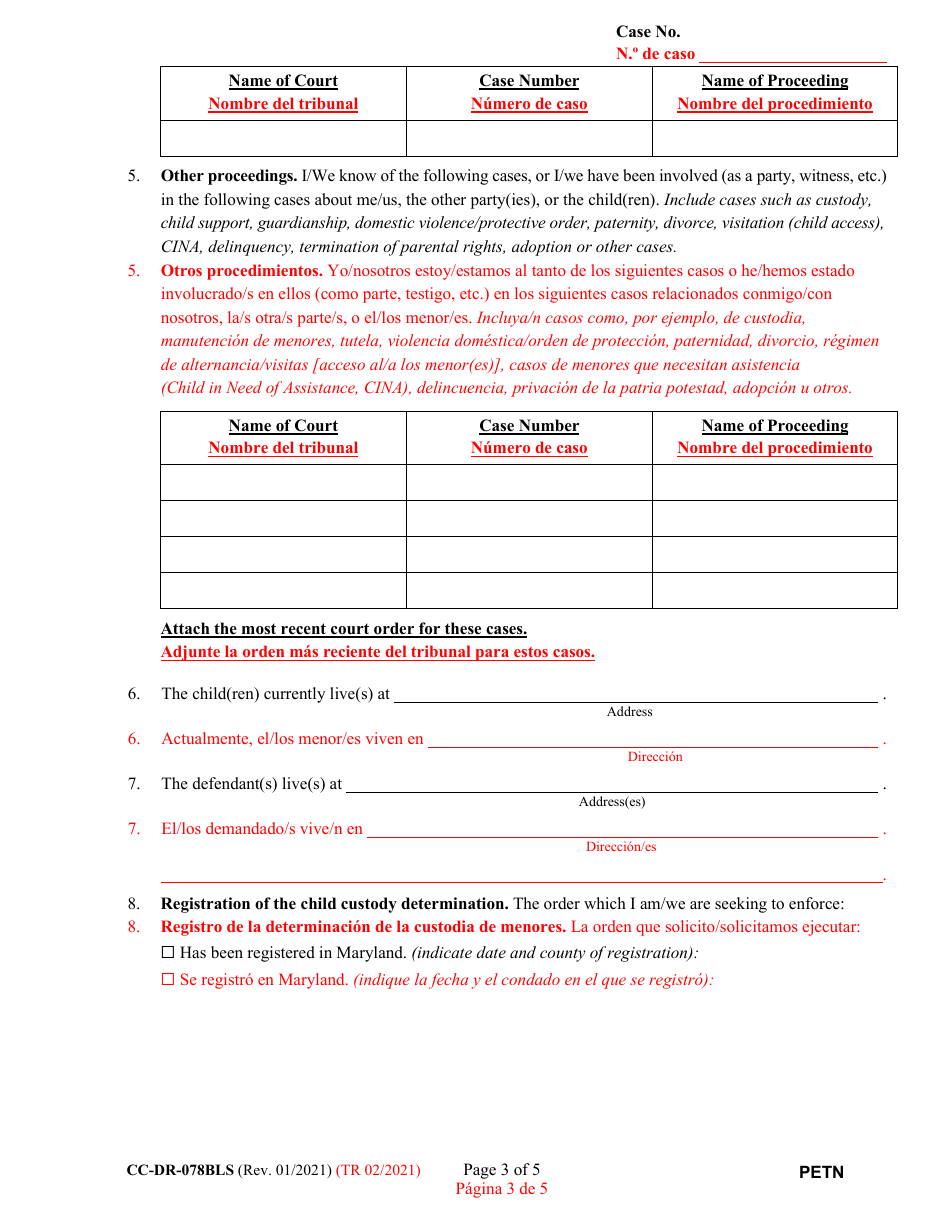 Form CC-DR-078BLS Petition for Enforcement of an Out-of-State Custody Order - Maryland (English / Spanish), Page 3