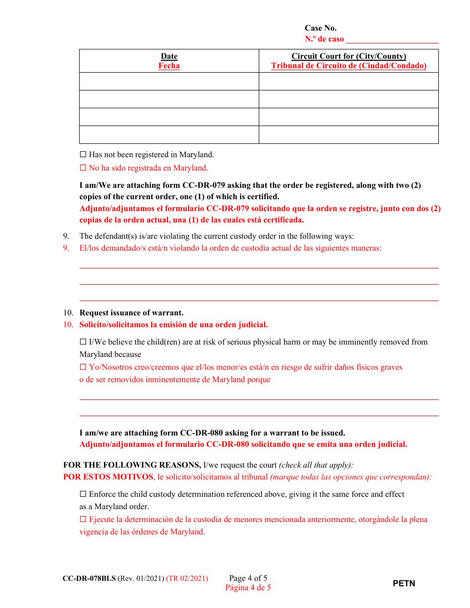 Form CC-DR-078BLS Petition for Enforcement of an Out-of-State Custody Order - Maryland (English / Spanish), Page 4