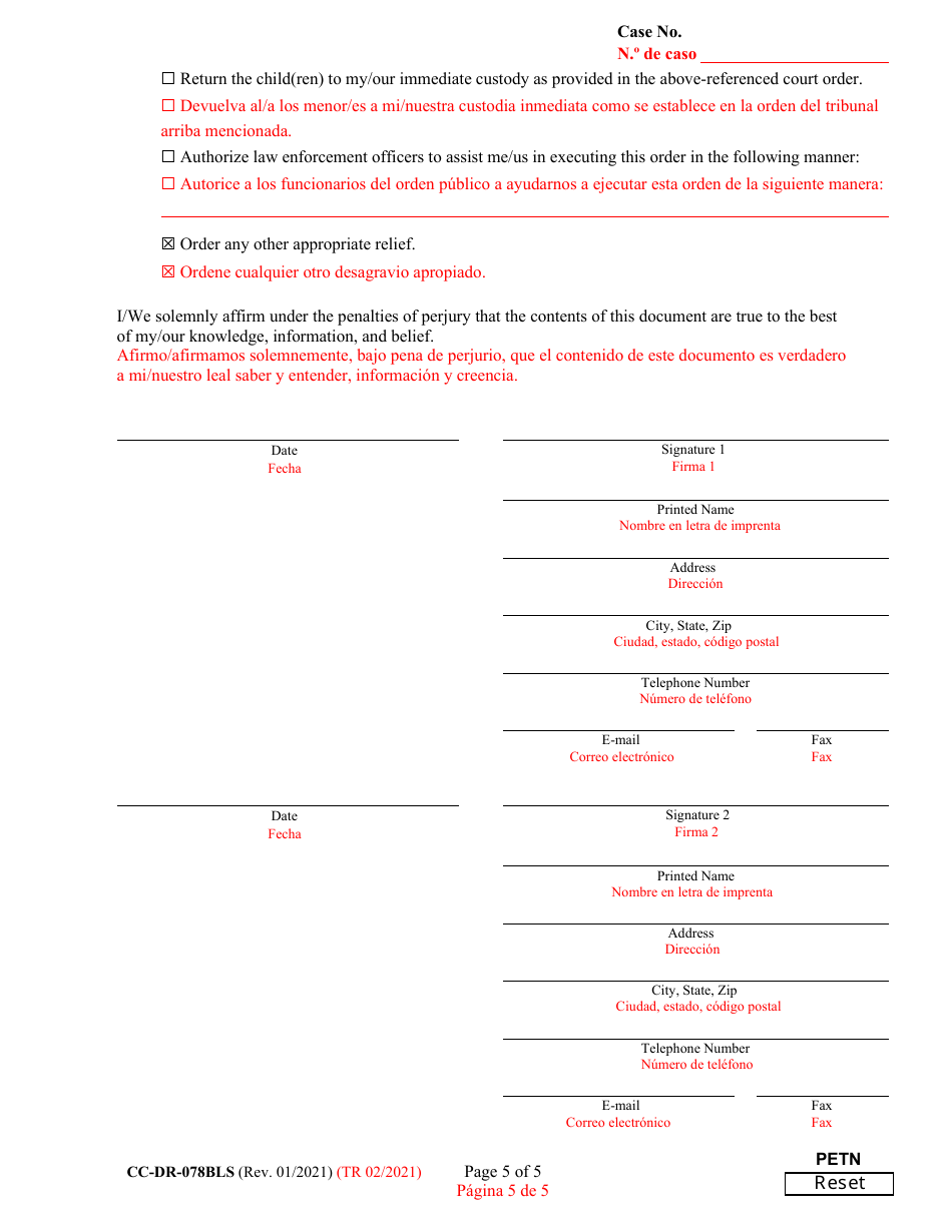 Form CC-DR-078BLS Petition for Enforcement of an Out-of-State Custody Order - Maryland (English / Spanish), Page 5
