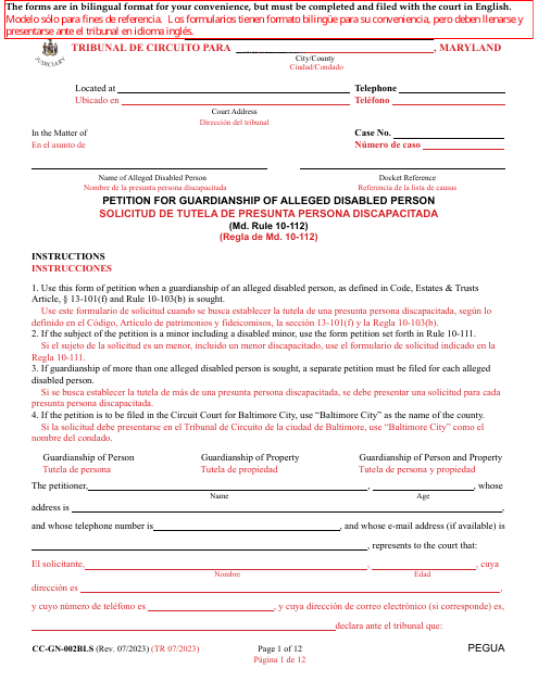 Form CC-GN-002BLS Petition for Guardianship of Alleged Disabled Person - Maryland (English/Spanish)