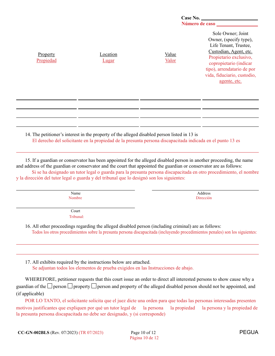 Form CC-GN-002BLS Petition for Guardianship of Alleged Disabled Person - Maryland (English / Spanish), Page 10