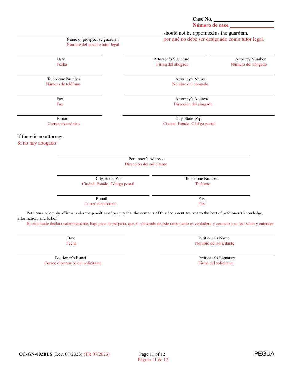 Form CC-GN-002BLS Petition for Guardianship of Alleged Disabled Person - Maryland (English / Spanish), Page 11