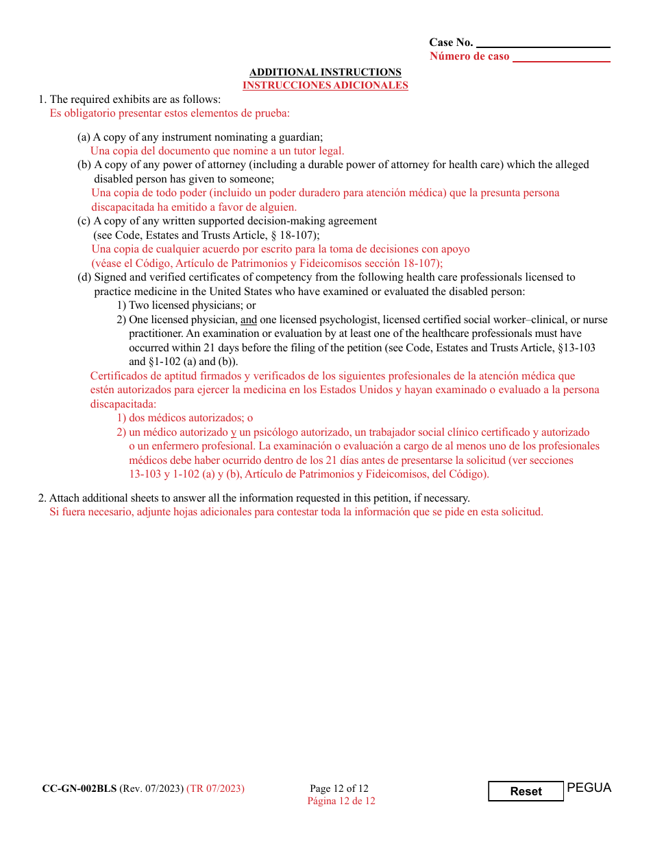 Form CC-GN-002BLS Petition for Guardianship of Alleged Disabled Person - Maryland (English / Spanish), Page 12