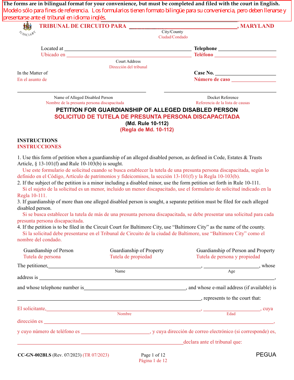 Form CC-GN-002BLS Petition for Guardianship of Alleged Disabled Person - Maryland (English / Spanish), Page 1