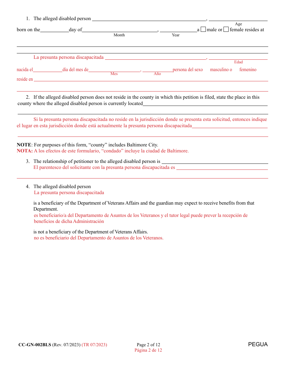 Form CC-GN-002BLS Petition for Guardianship of Alleged Disabled Person - Maryland (English / Spanish), Page 2