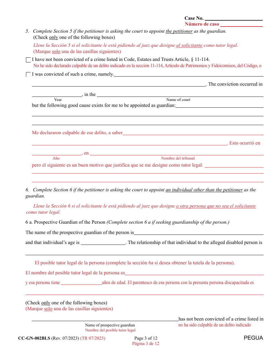 Form CC-GN-002BLS Petition for Guardianship of Alleged Disabled Person - Maryland (English / Spanish), Page 3