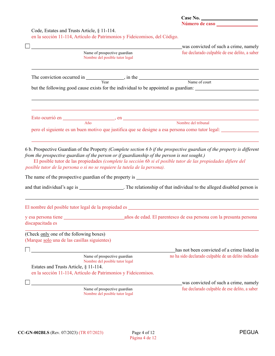 Form CC-GN-002BLS Petition for Guardianship of Alleged Disabled Person - Maryland (English / Spanish), Page 4