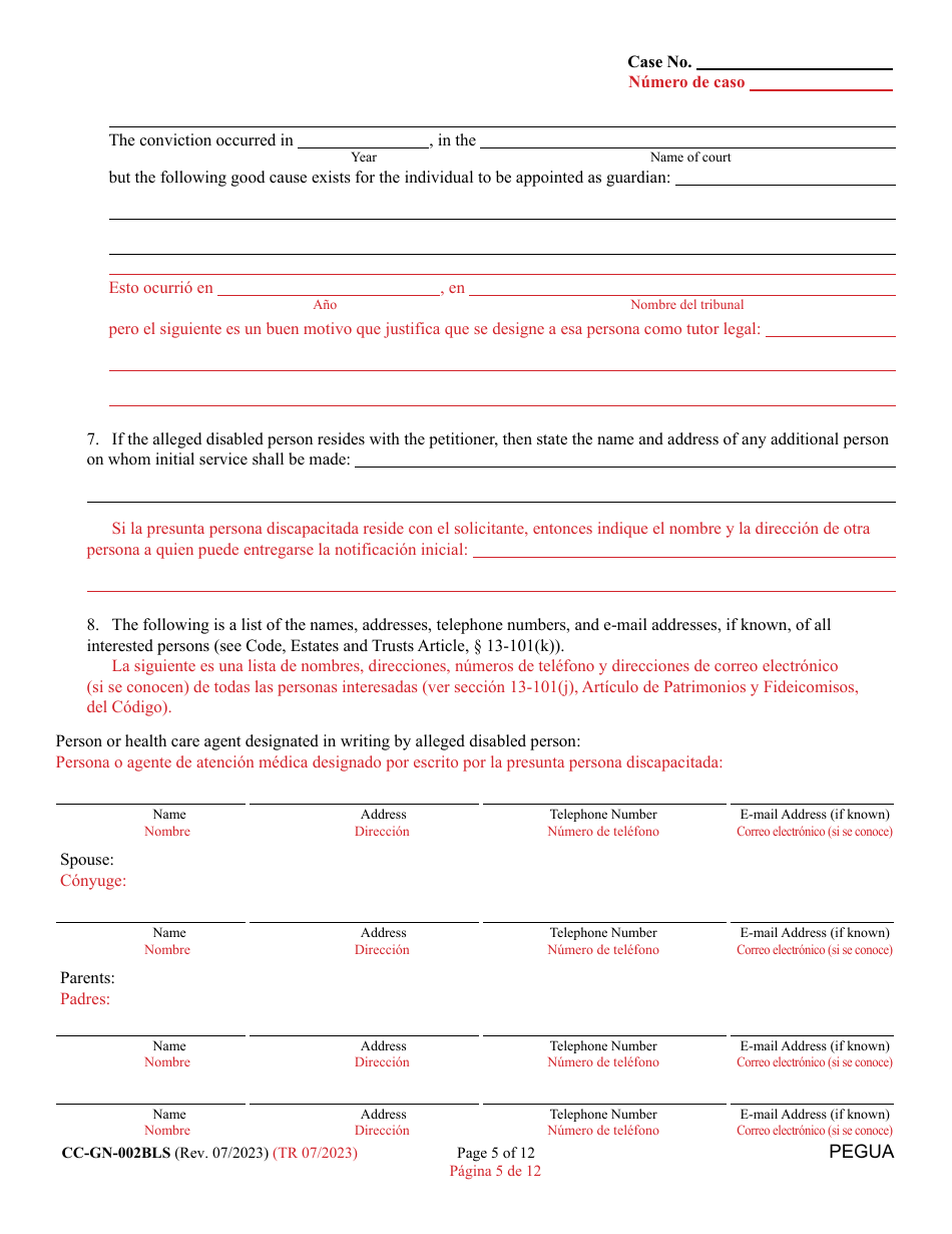 Form CC-GN-002BLS Petition for Guardianship of Alleged Disabled Person - Maryland (English / Spanish), Page 5