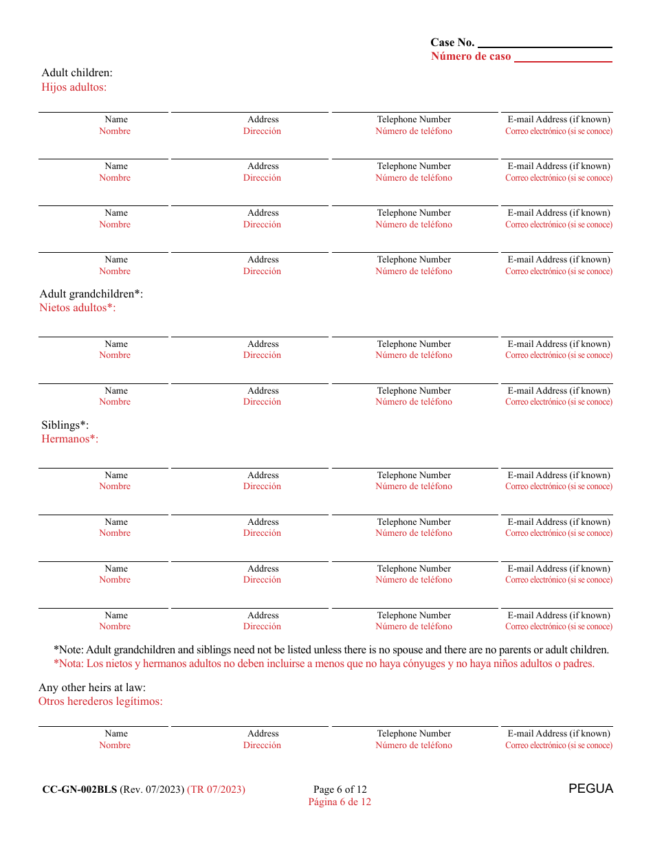 Form CC-GN-002BLS Petition for Guardianship of Alleged Disabled Person - Maryland (English / Spanish), Page 6