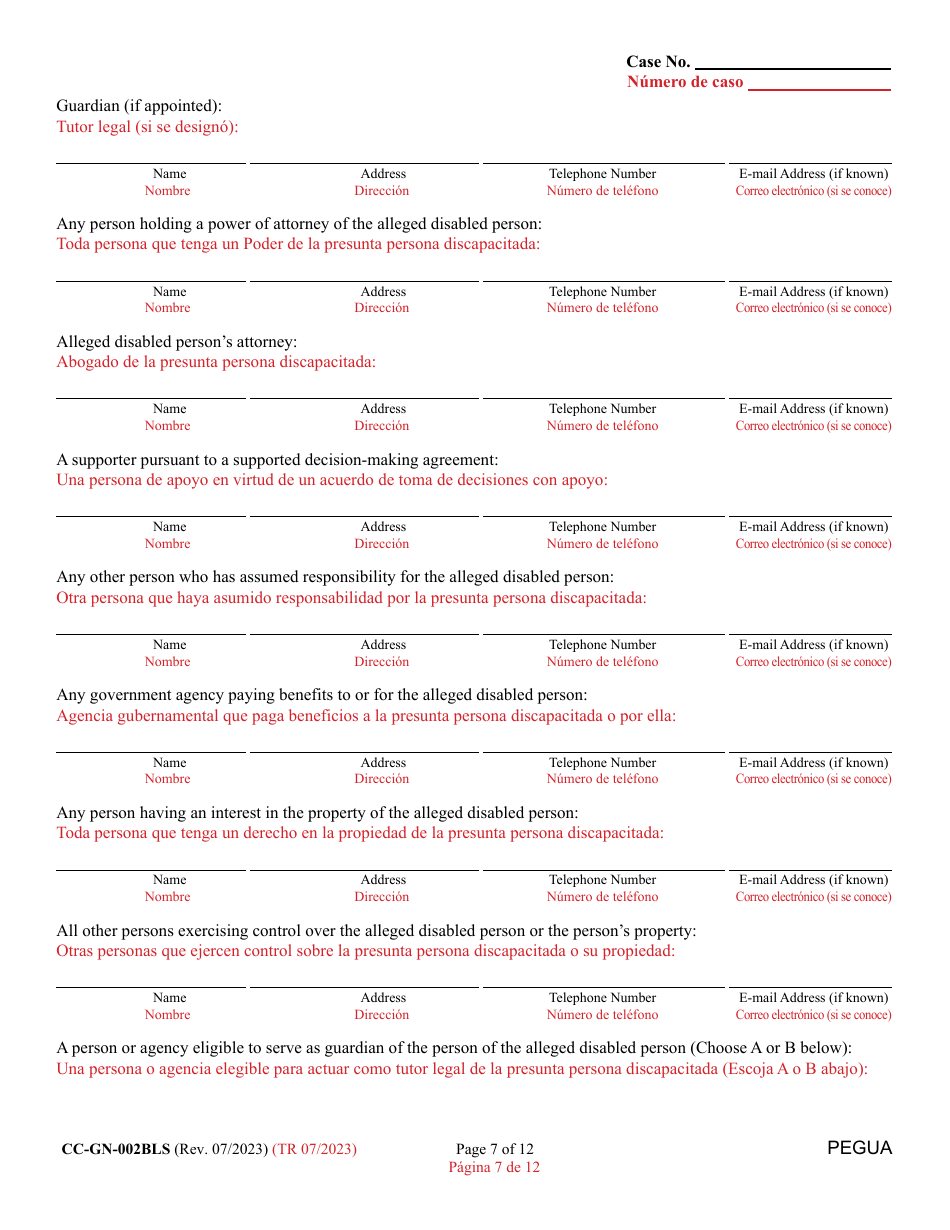 Form CC-GN-002BLS Petition for Guardianship of Alleged Disabled Person - Maryland (English / Spanish), Page 7