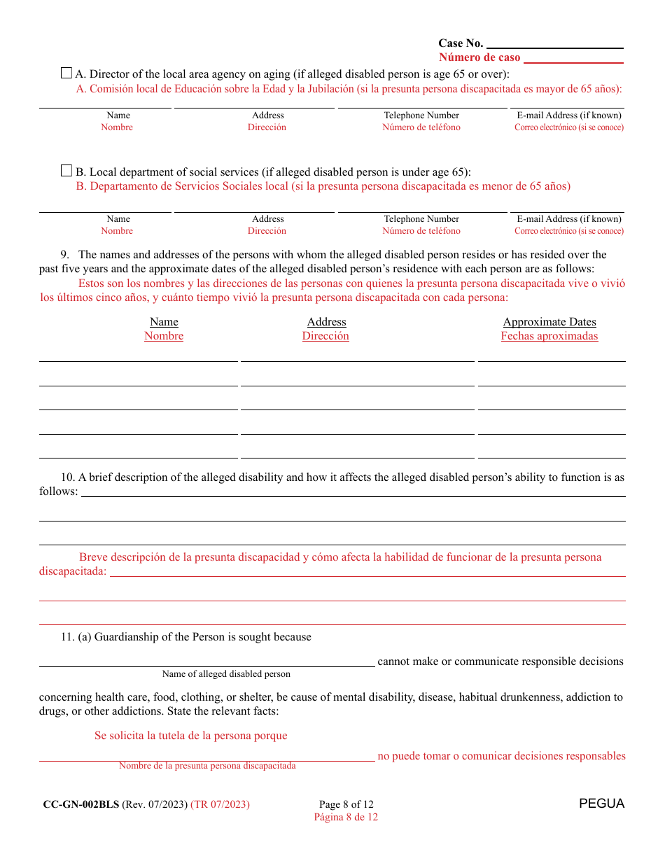 Form CC-GN-002BLS Petition for Guardianship of Alleged Disabled Person - Maryland (English / Spanish), Page 8