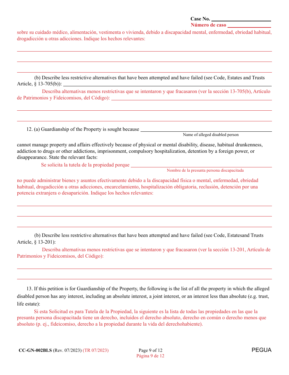 Form CC-GN-002BLS Petition for Guardianship of Alleged Disabled Person - Maryland (English / Spanish), Page 9