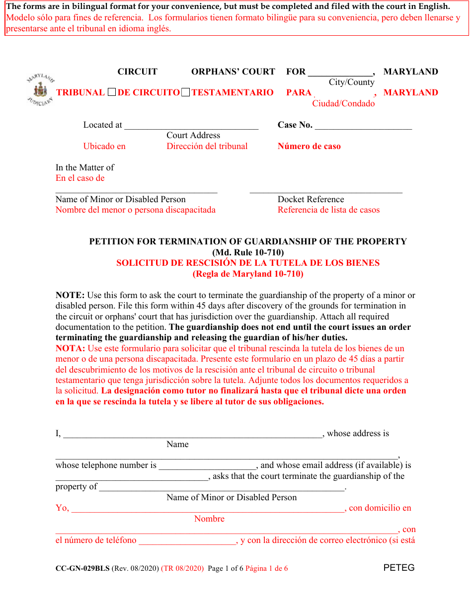 Form CC-GN-029BLS Petition for Termination of Guardianship of the Property - Maryland (English / Spanish), Page 1