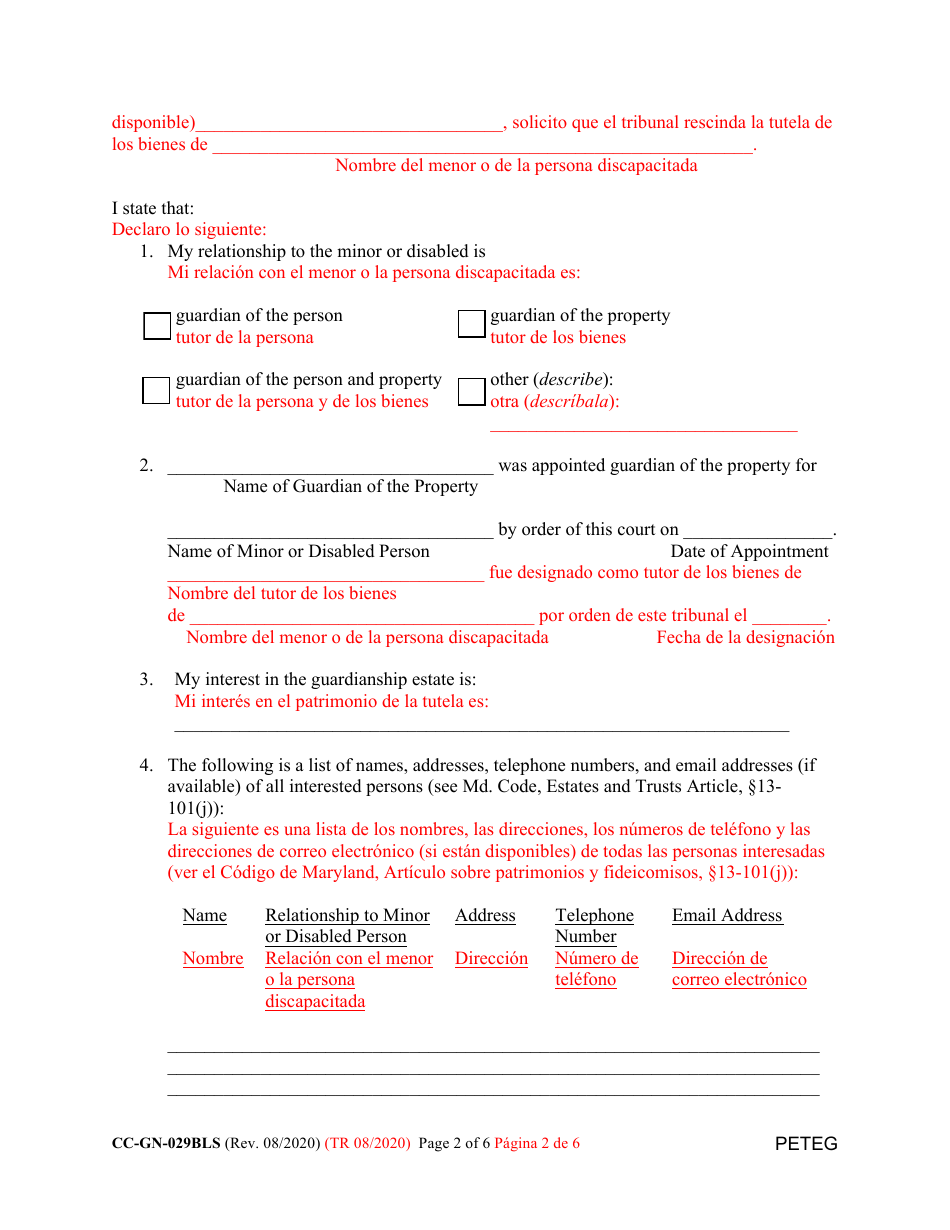 Form CC-GN-029BLS Petition for Termination of Guardianship of the Property - Maryland (English / Spanish), Page 2