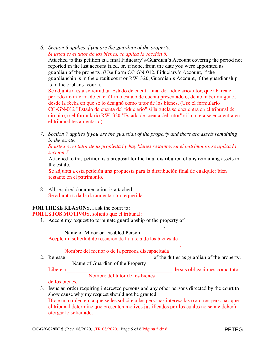 Form CC-GN-029BLS Petition for Termination of Guardianship of the Property - Maryland (English / Spanish), Page 5