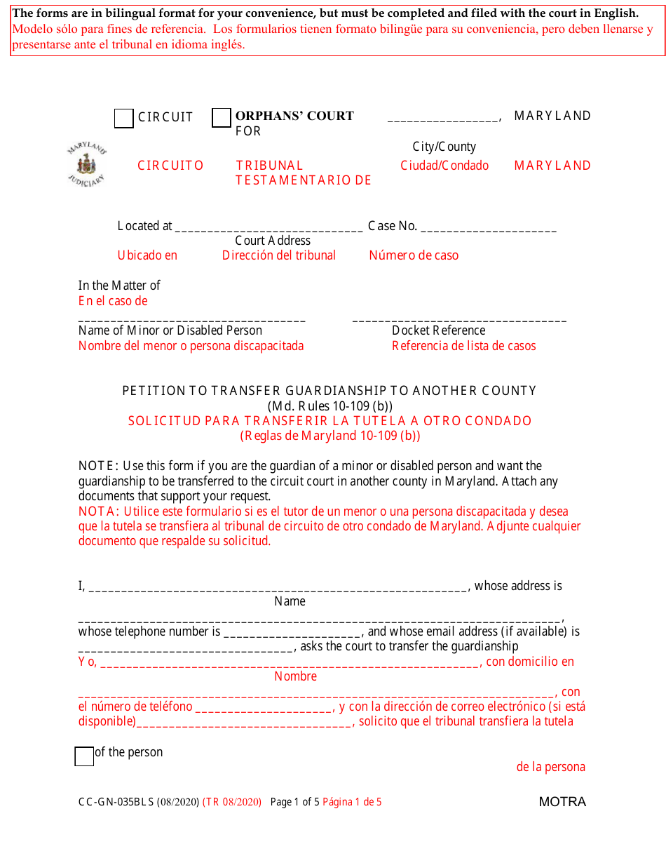 Form CC-GN-035BLS Petition to Transfer Guardianship to Another County - Maryland (English / Spanish), Page 1