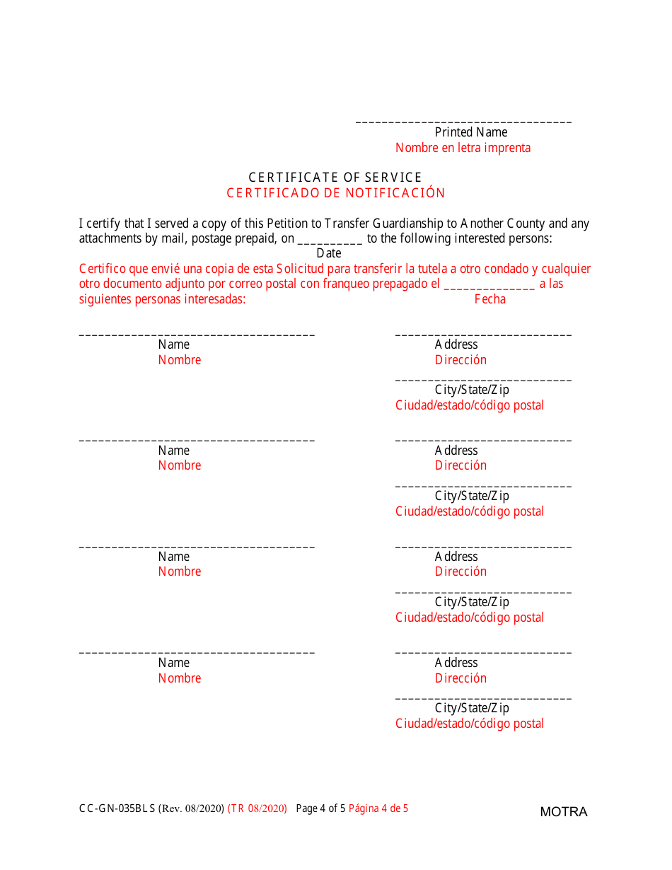 Form CC-GN-035BLS Petition to Transfer Guardianship to Another County - Maryland (English / Spanish), Page 4