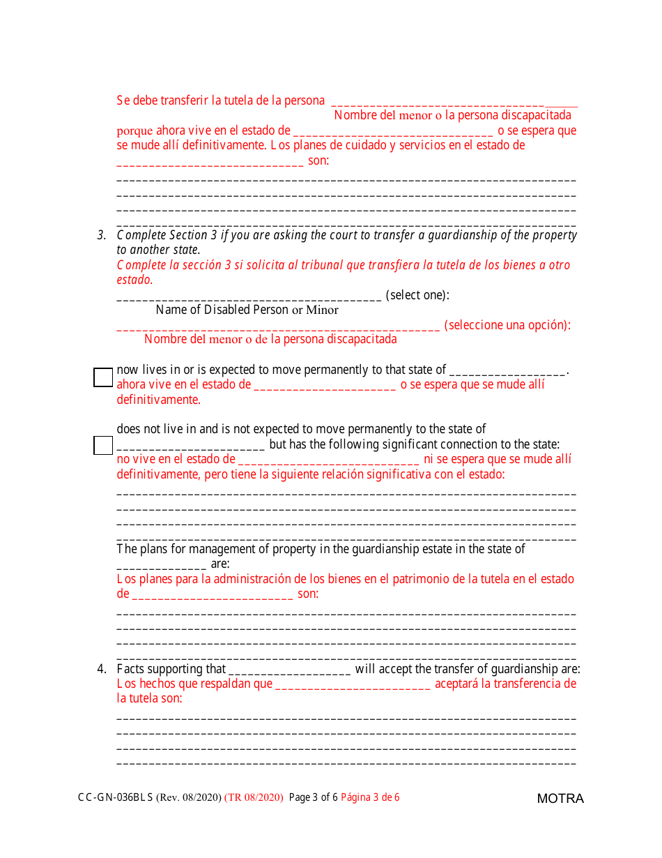 Form CC-GN-036BLS Petition to Transfer Guardianship to Another State - Maryland (English / Spanish), Page 3