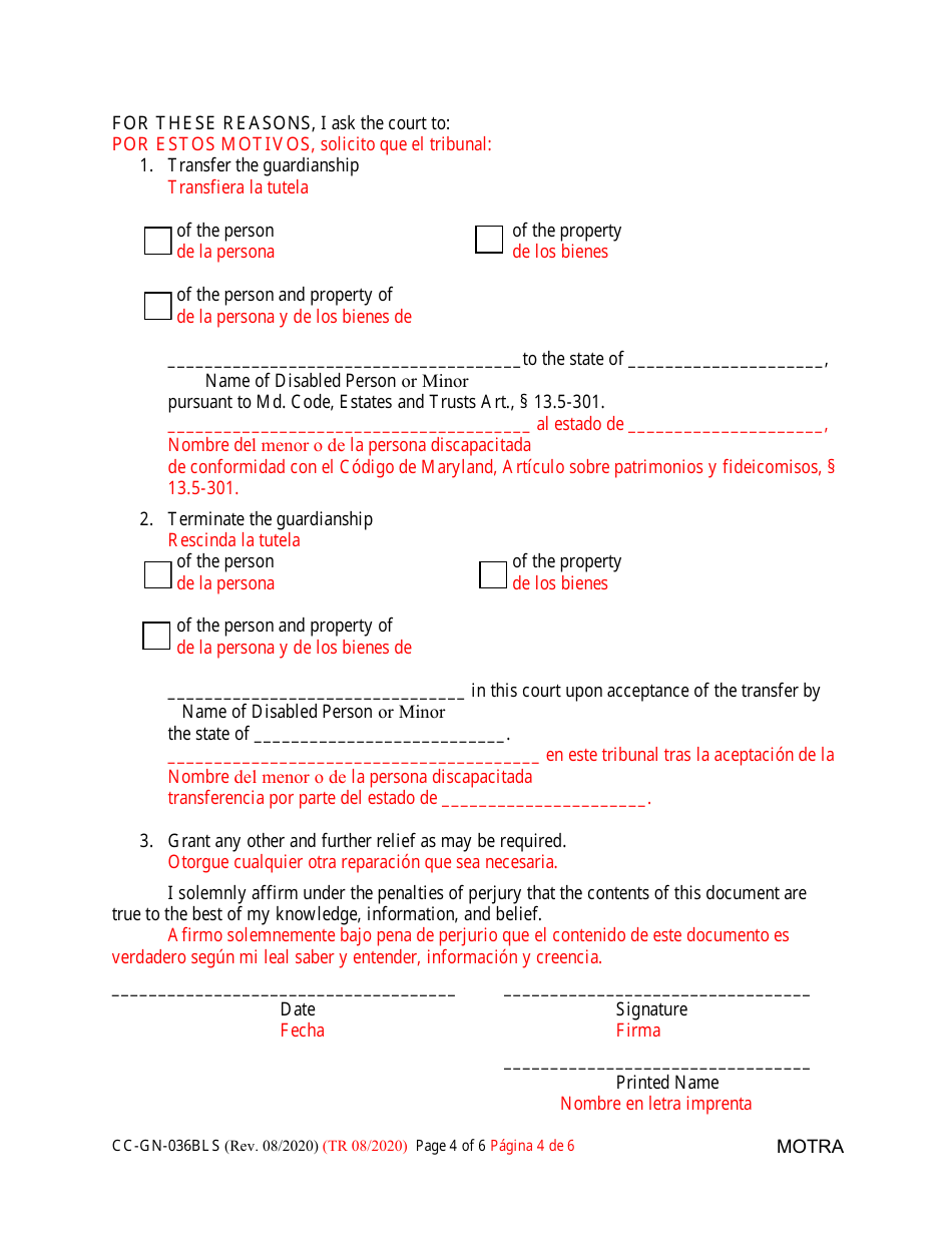 Form CC-GN-036BLS Petition to Transfer Guardianship to Another State - Maryland (English / Spanish), Page 4