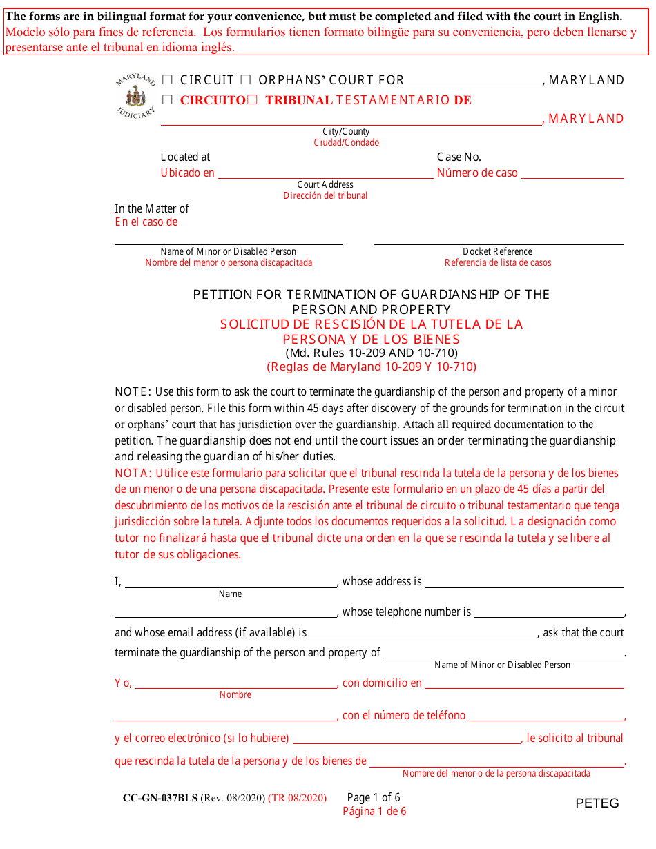 Form CC-GN-037BLS Petition for Termination of Guardianship of the Person and Property - Maryland (English / Spanish), Page 1