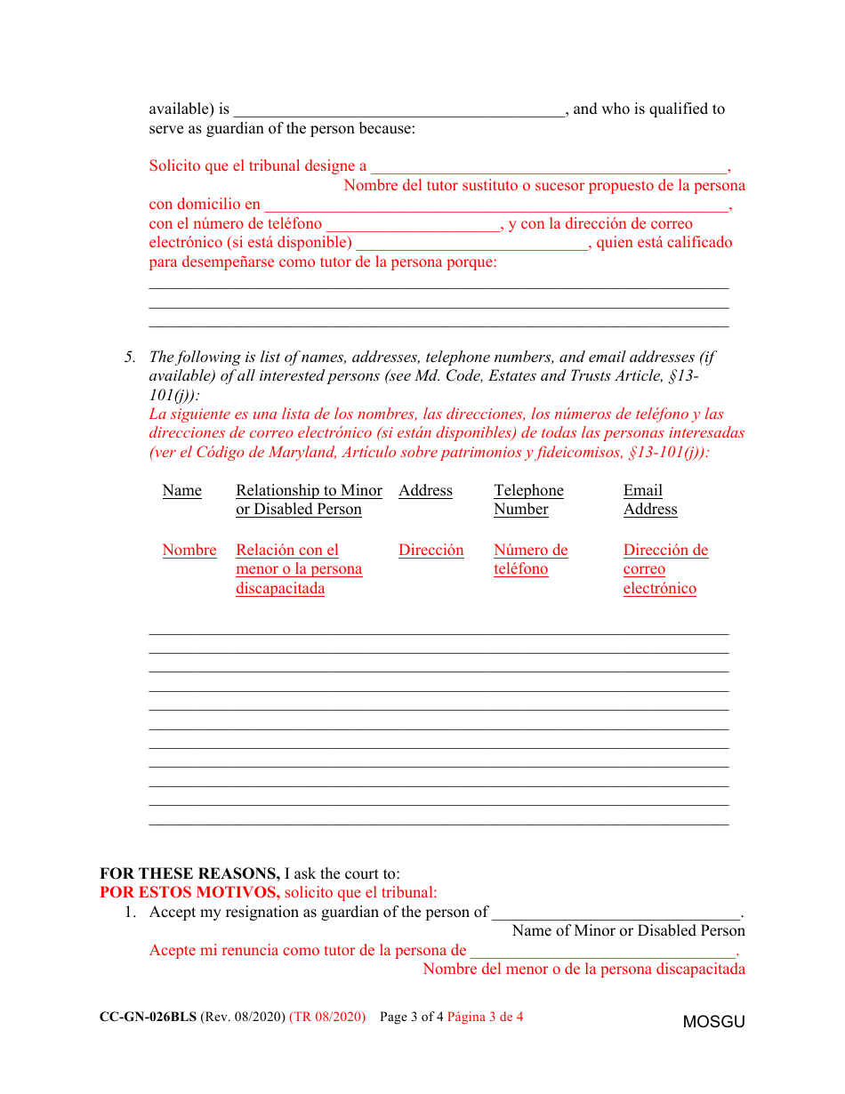 Form CC-GN-026BLS Petition for Resignation of Guardian of the Person and Appointment of Substituted or Successor Guardian - Maryland (English / Spanish), Page 3