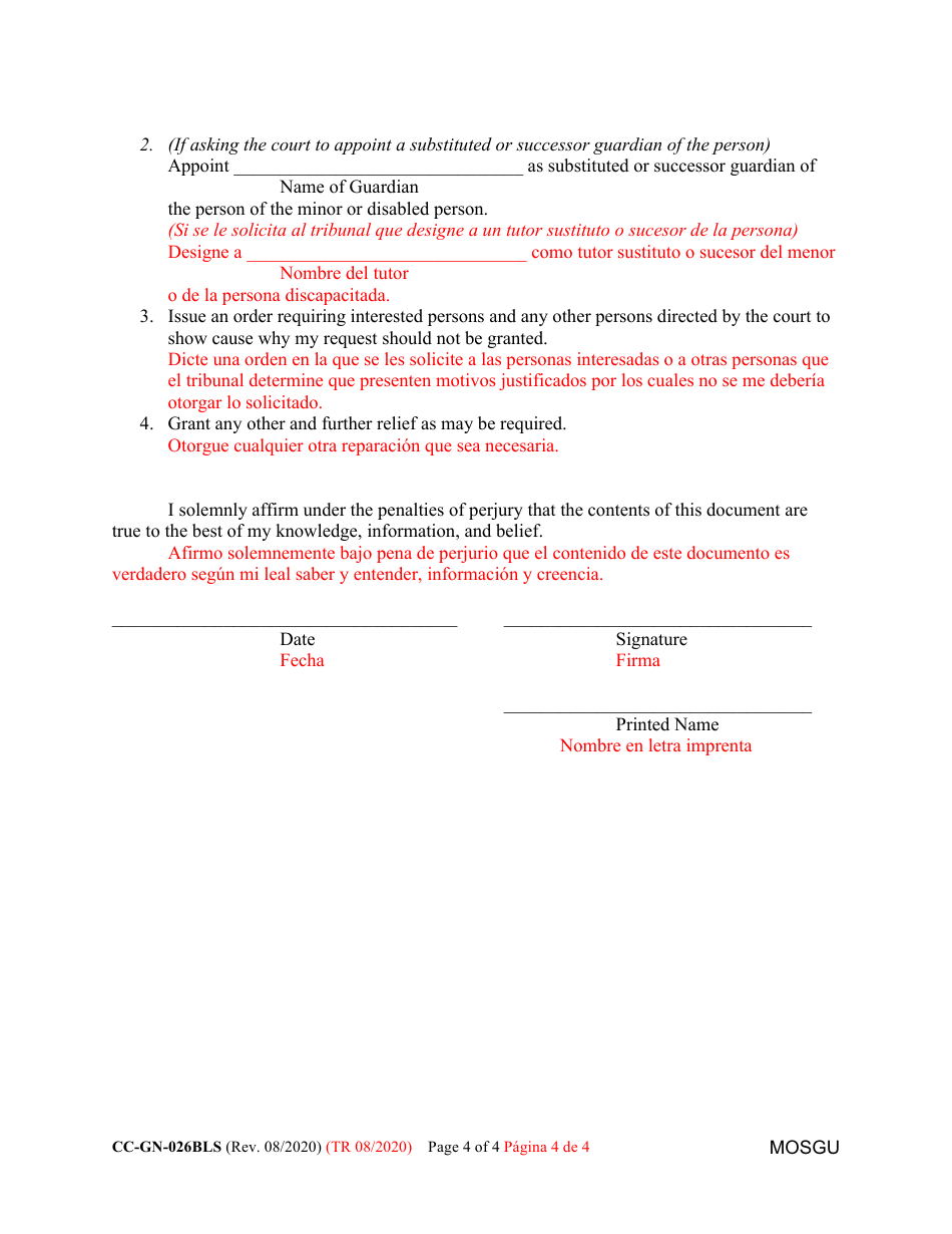 Form CC-GN-026BLS Petition for Resignation of Guardian of the Person and Appointment of Substituted or Successor Guardian - Maryland (English / Spanish), Page 4