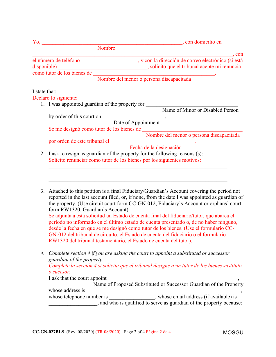 Form CC-GN-027BLS Petition for Resignation of Guardian of the Property and Appointment of Substituted or Successor Guardian - Maryland (English / Spanish), Page 2
