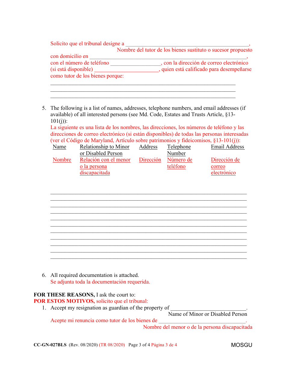 Form CC-GN-027BLS Petition for Resignation of Guardian of the Property and Appointment of Substituted or Successor Guardian - Maryland (English / Spanish), Page 3