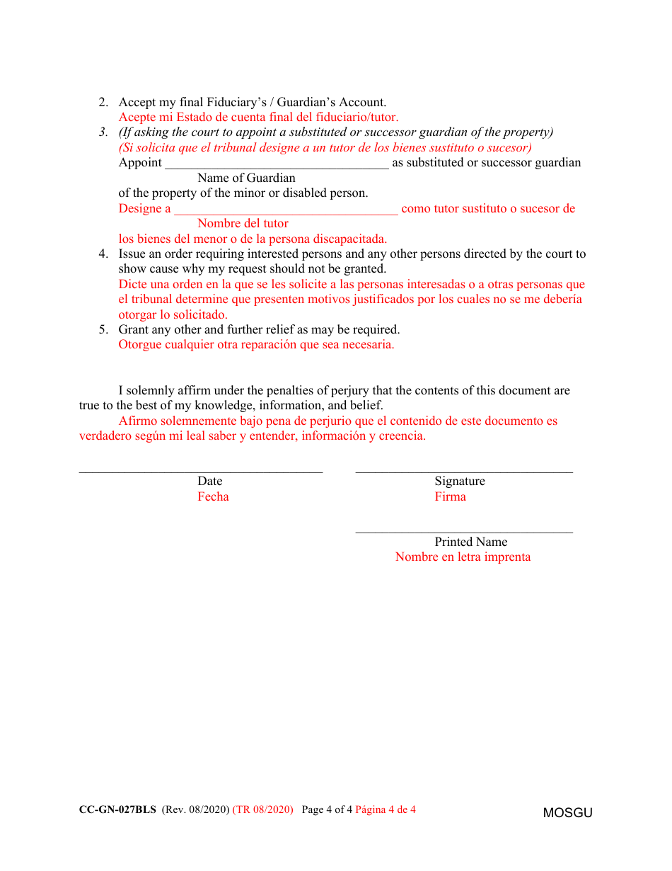 Form CC-GN-027BLS Petition for Resignation of Guardian of the Property and Appointment of Substituted or Successor Guardian - Maryland (English / Spanish), Page 4