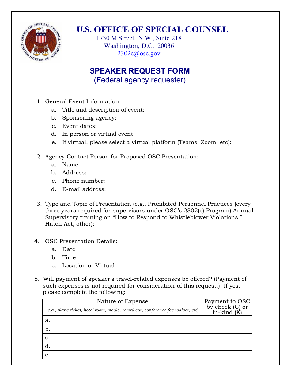 Speaker Request Form (Federal Agency Requester), Page 1