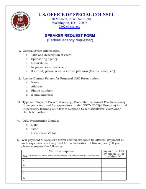 Speaker Request Form (Federal Agency Requester) Download Pdf