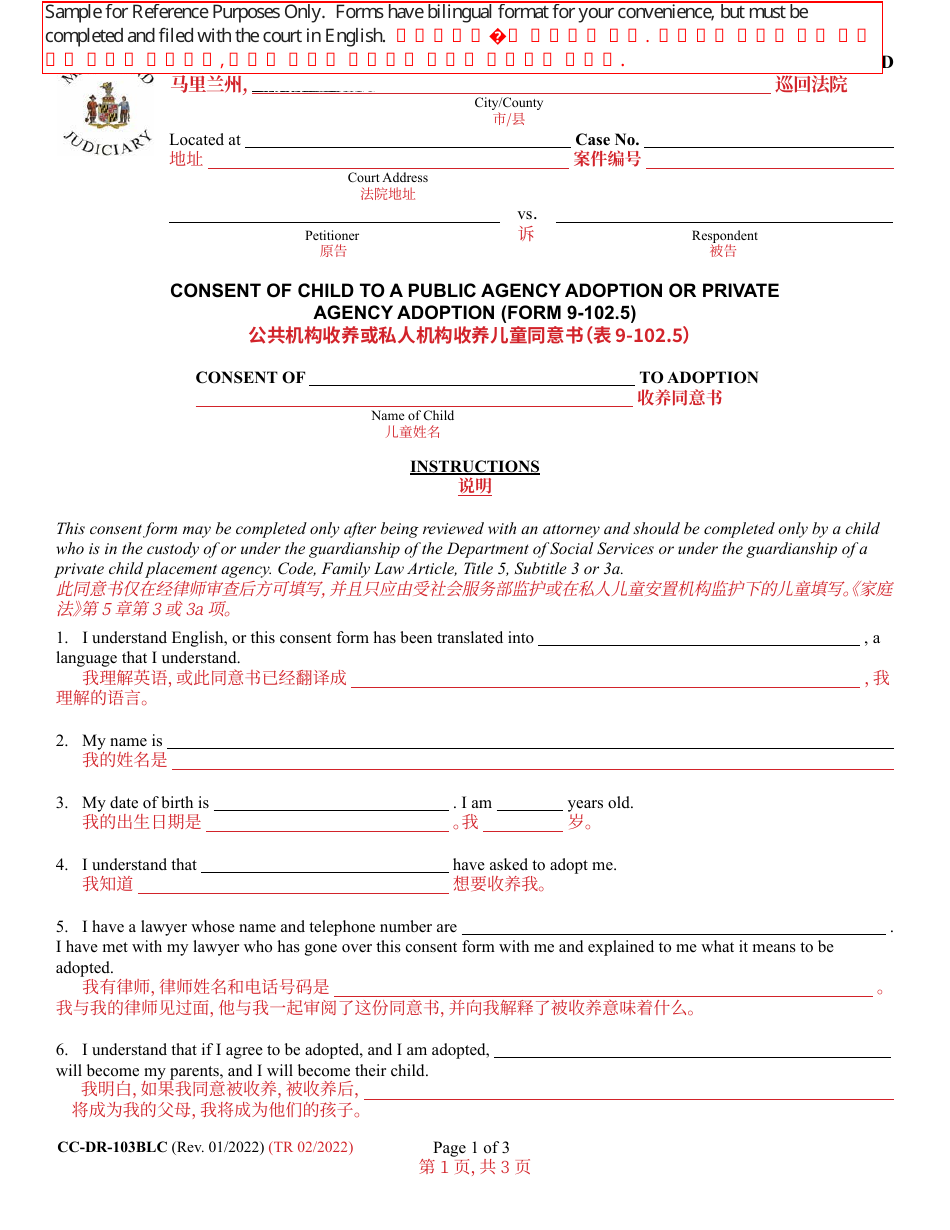 Form 9-102.5 (CC-DR-103BLC) Consent of Child to a Public Agency Adoption or Private Agency Adoption - Maryland (English / Chinese), Page 1