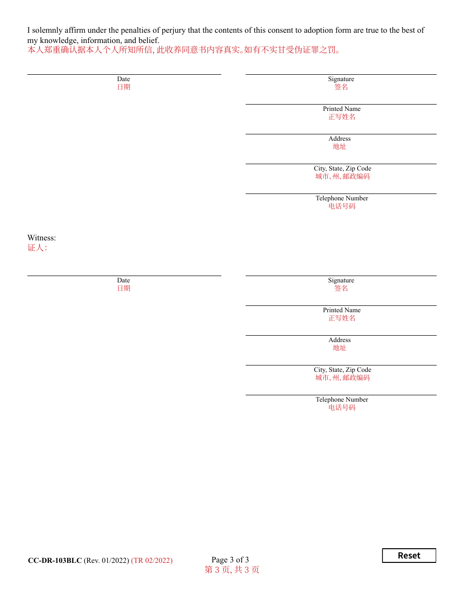 Form 9-102.5 (CC-DR-103BLC) Consent of Child to a Public Agency Adoption or Private Agency Adoption - Maryland (English / Chinese), Page 3