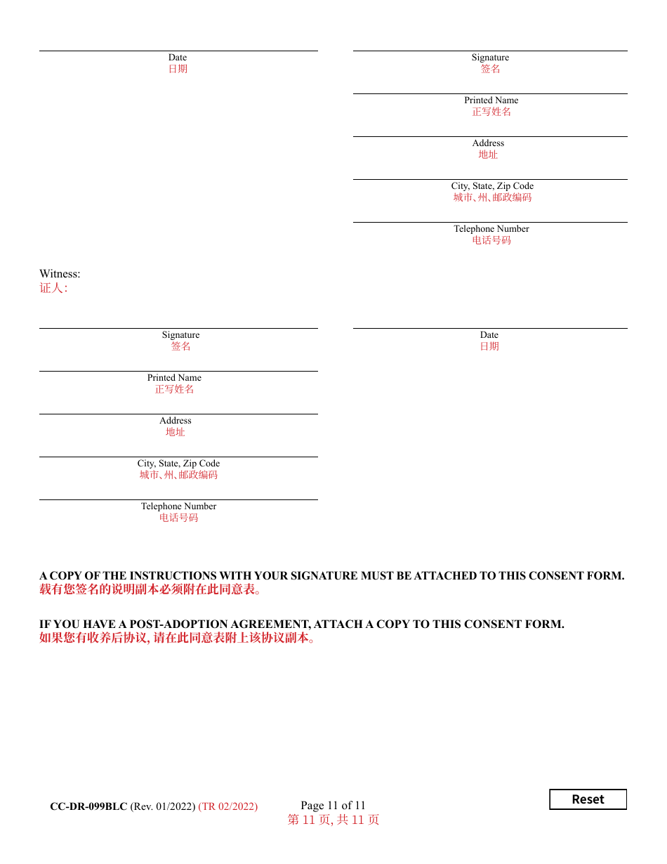 Form CC-DR-099BLC Consent of Parent to a Private Agency Guardianship - Maryland (English / Chinese), Page 11
