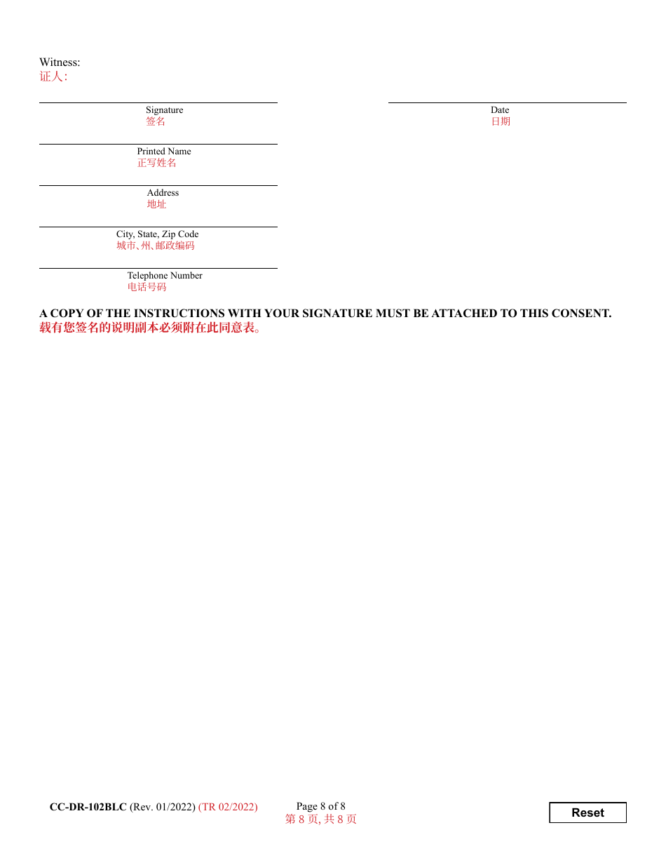 Form CC-DR-102BLC Consent of Parent to an Independent Adoption Without Termination of Parental Rights - Maryland (English / Chinese), Page 8