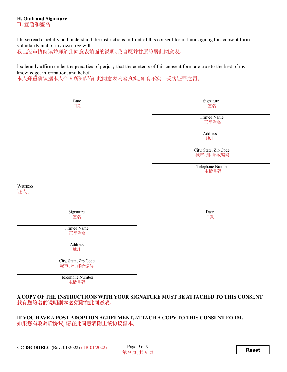 Form CC-DR-101BLC Consent of Parent to an Independent Adoption With Termination of Parental Rights - Maryland (English / Chinese), Page 9