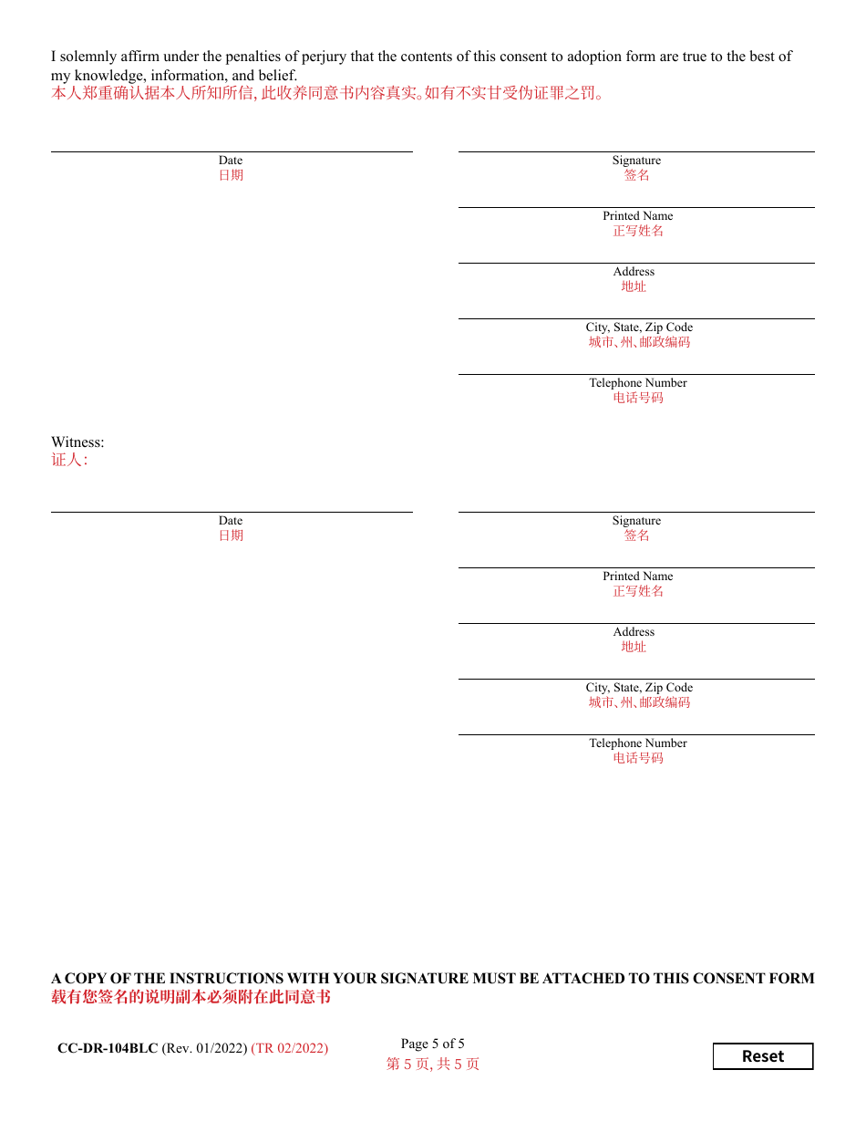 Form CC-DR-104BLC Consent of Child to an Independent Adoption - Maryland (English / Chinese), Page 5
