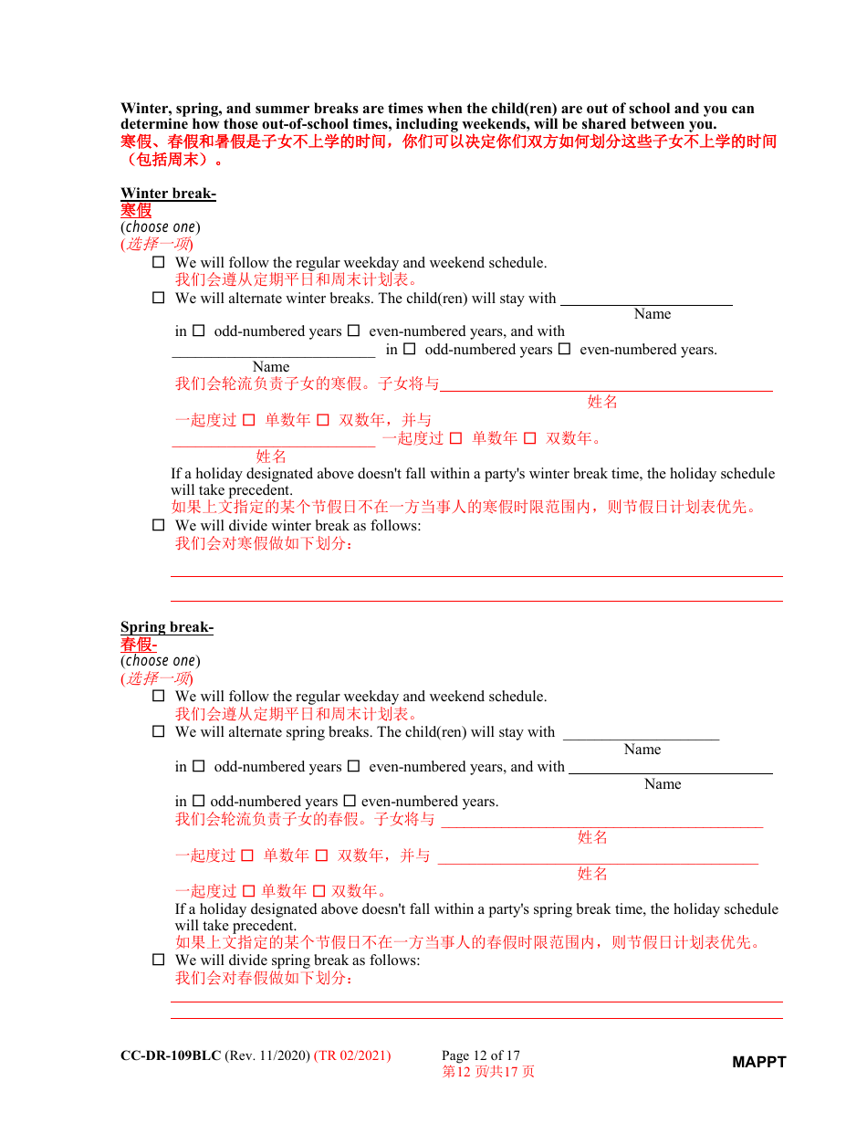 Form CC-DR-109BLC Maryland Parenting Plan Tool - Maryland (English / Chinese), Page 12
