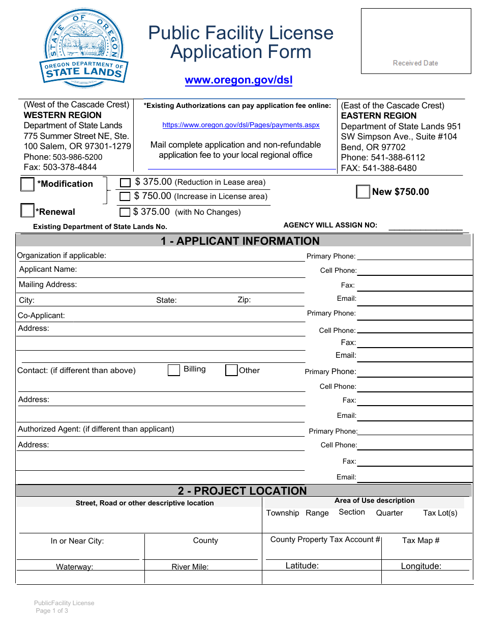 Public Facility License Application Form - Oregon, Page 1
