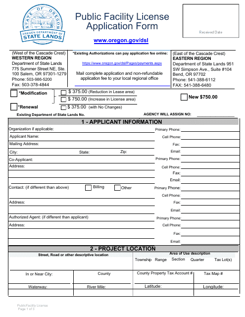 Public Facility License Application Form - Oregon Download Pdf
